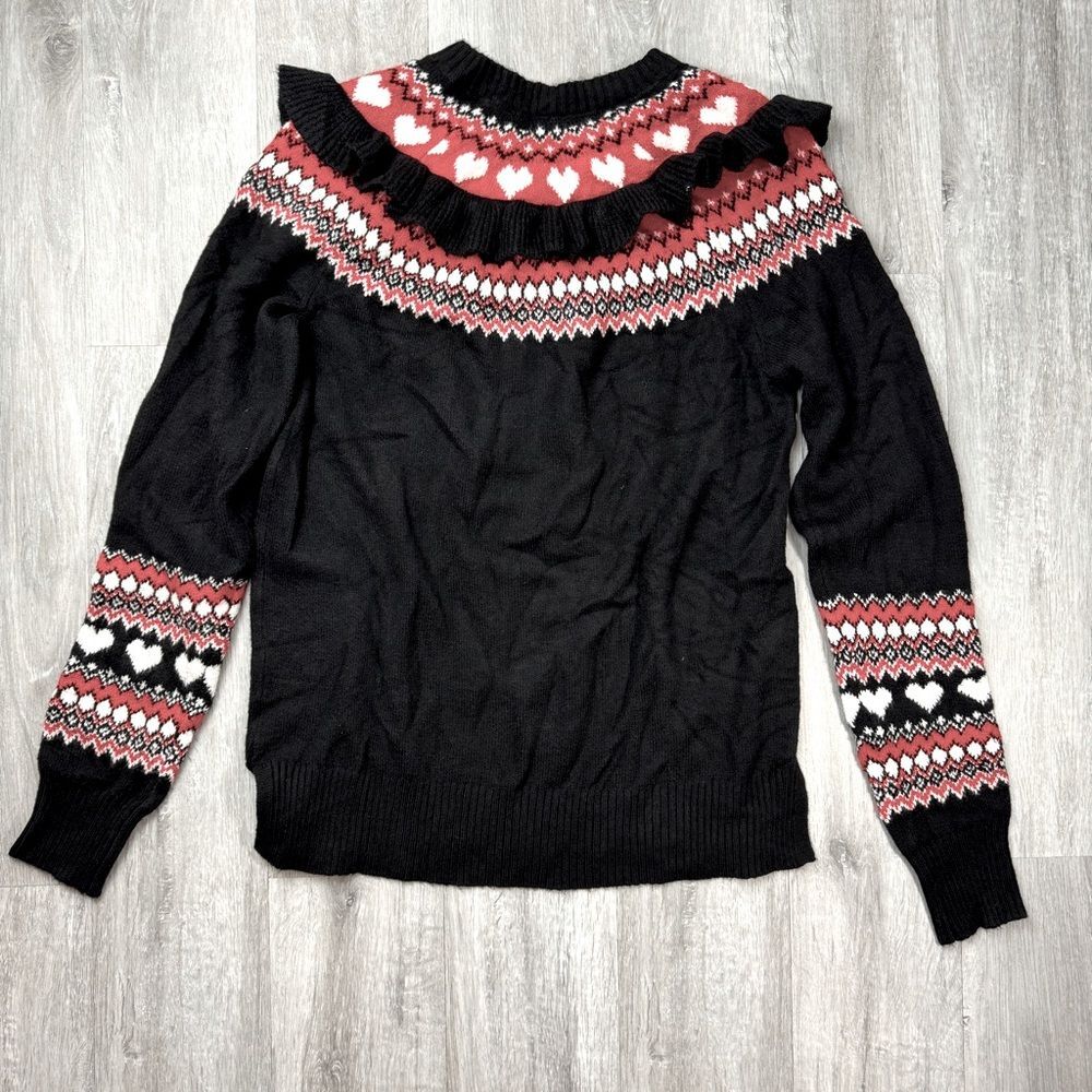 Black Fair Isle Print Ruffle Sweater New L